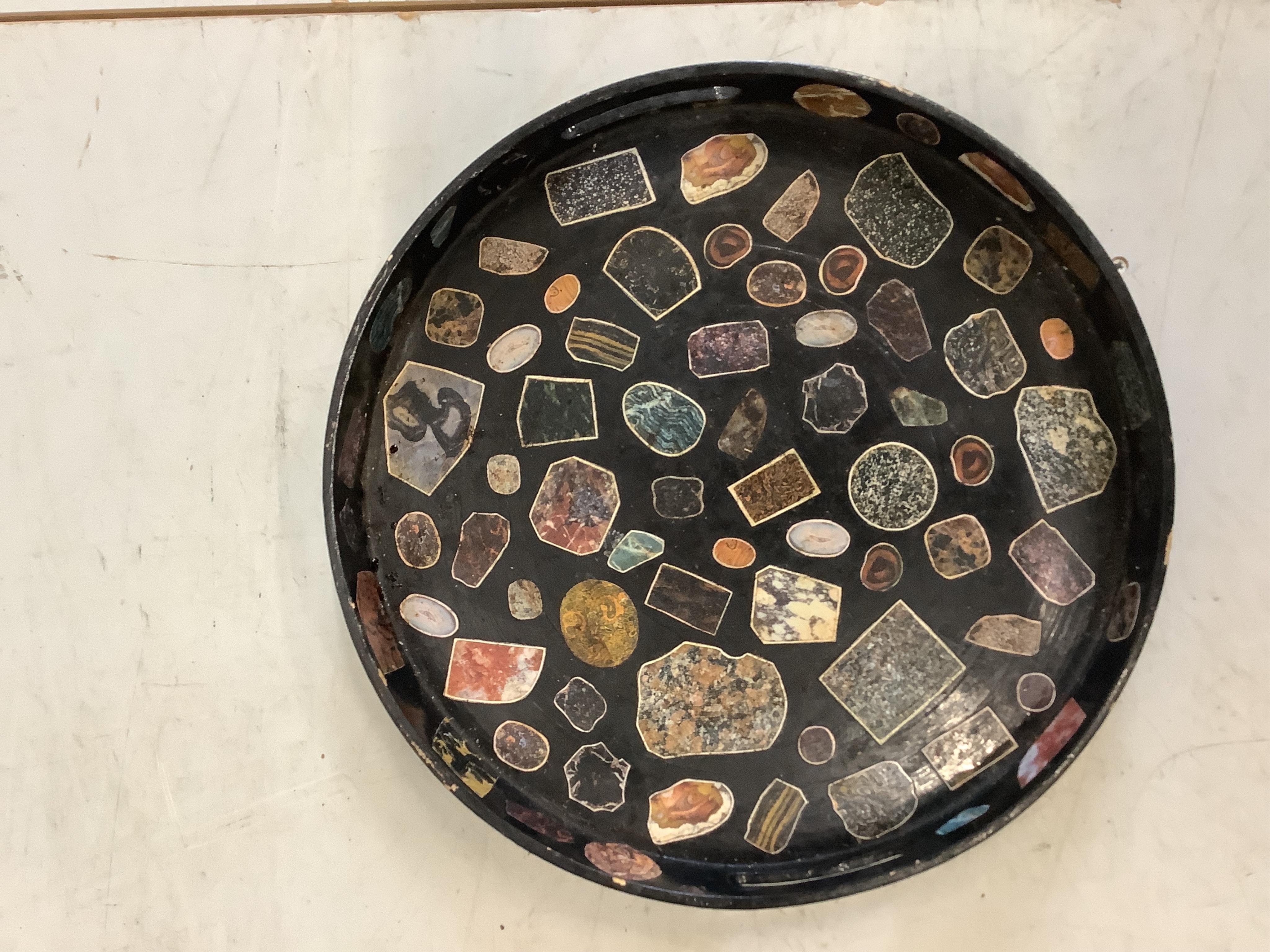 Julia Black, a decoupage butler's tray on folding stand, width 58cm, height 78cm, together with a circular tray. Condition - fair